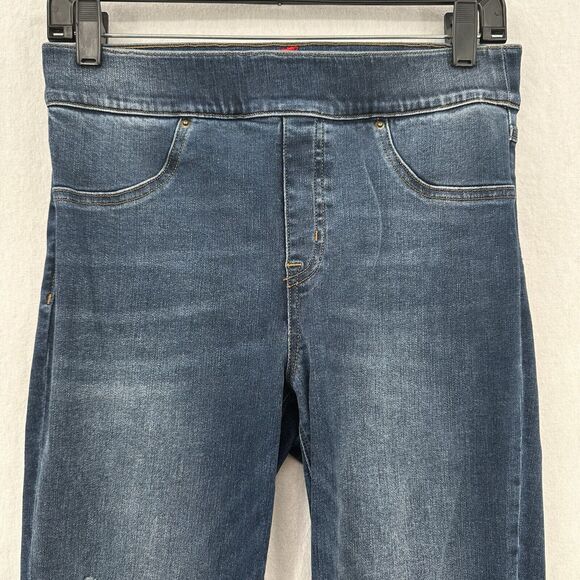 Spanx Jeans Women Medium Ankle Skinny Blue Pull On Stretch Denim Distressed Fray - Picture 3 of 14